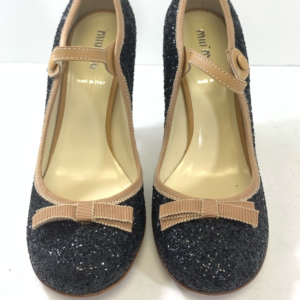 Miu Miu Round Toe Black Glitter Heels  37.5